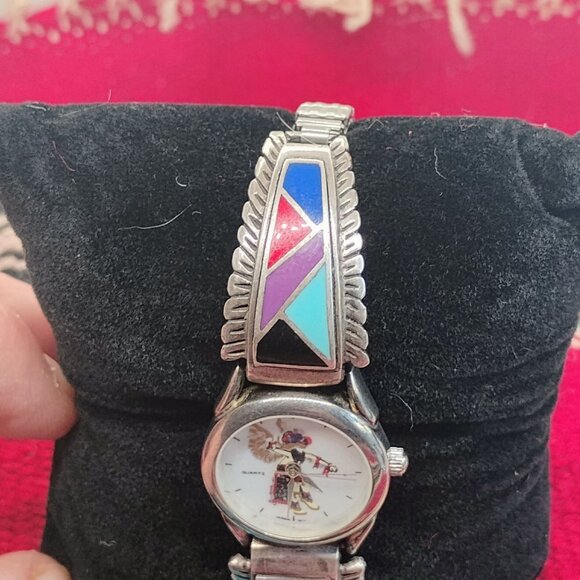 Native Sterling Silver Inlay Multi Gemstone Watch & Tips WORKS Adjustable Band - Picture 4 of 11